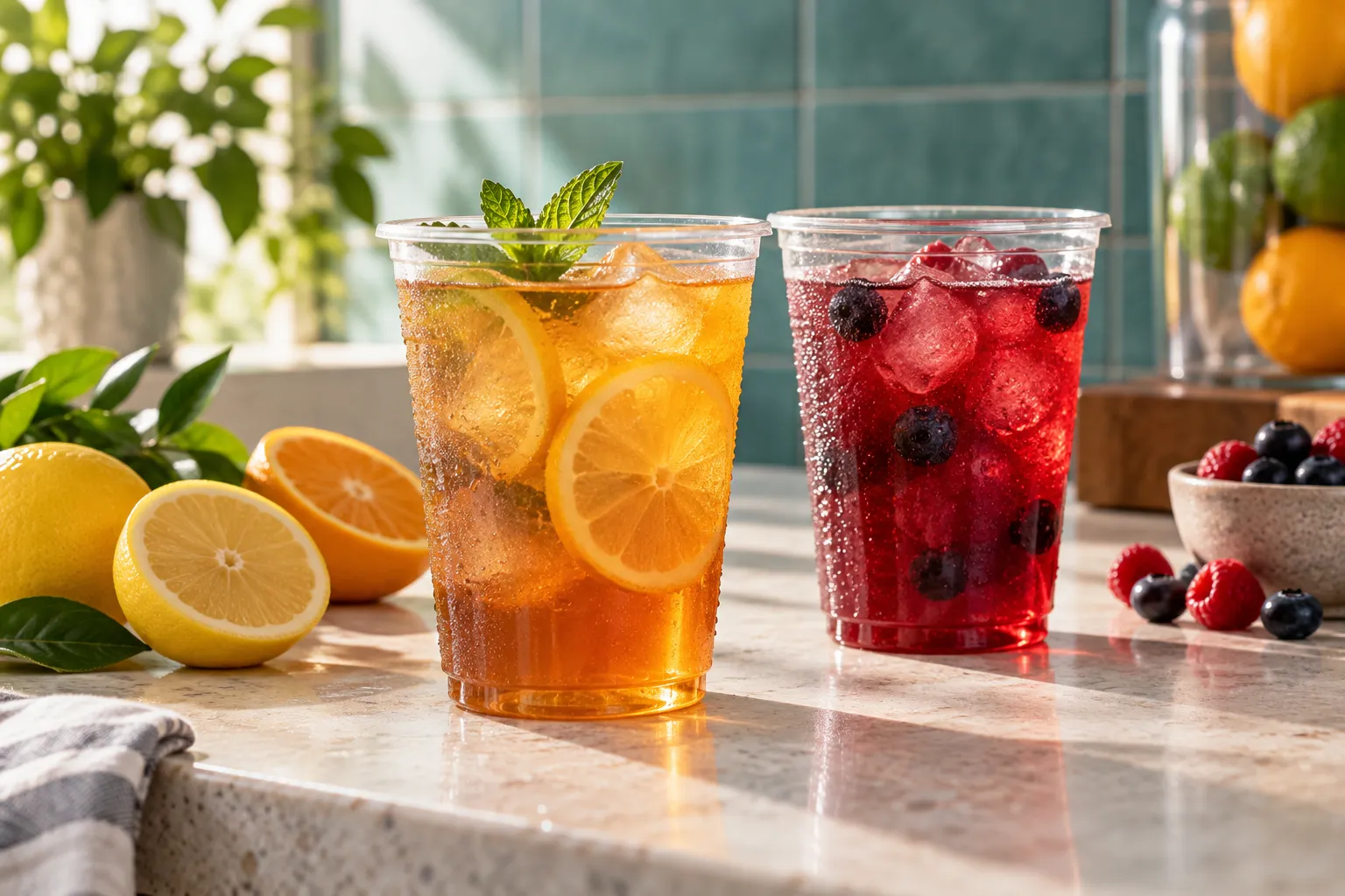 Clear cold-drink cups with iced fruit drinks on a juice-bar counter